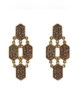 Long clear crystal earrings, gold plated finish, dramatic elegant statement New